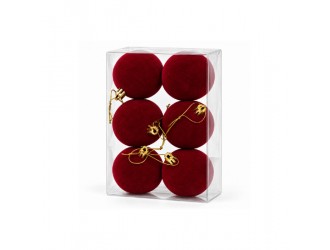 Set 6 globuri de Craciun, 6 cm, rosu inchis, finisaj catifelat